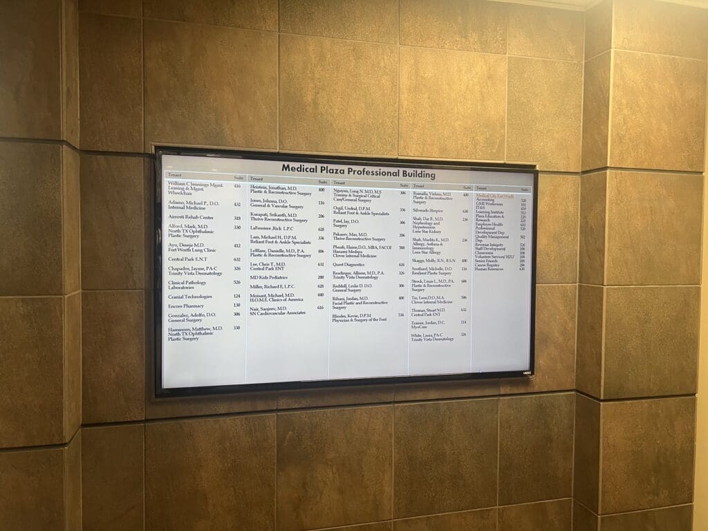 an interior photo of the building directory where Airrosti Fort Worth is located