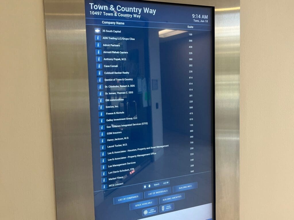 Photo of the directory of the main building where Airrosti Memorial City is located