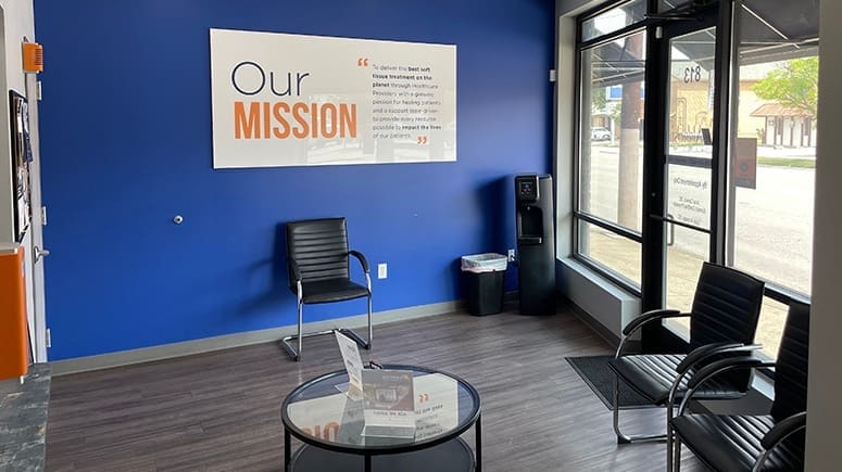 An interior view of the lobby inside Airrosti Southtown in San Antonio, TX