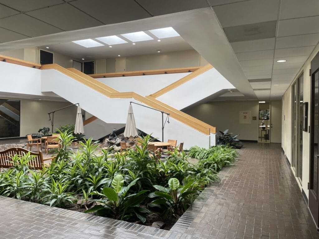the main lobby of the building where Airrosti The Woodlands is located.